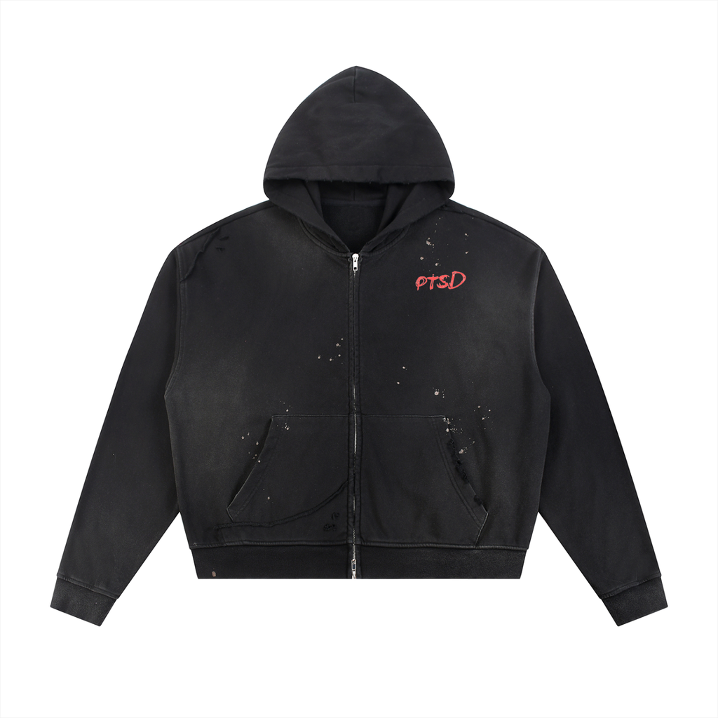 Sun Fade Frayed Raw Edge Fleece Zip Hoodie
