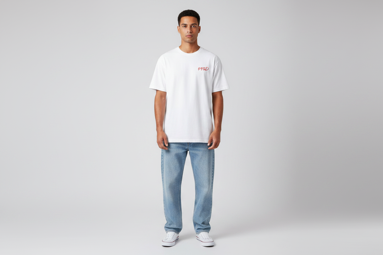 PTSD White Shirt Red Writing Model